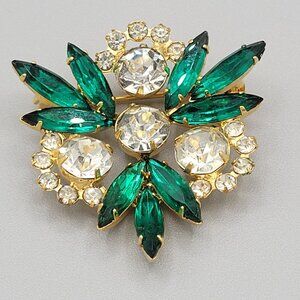 Vintage Gold Tone Brooch Pin Green Navettes Clear Rhinestones Prong Set 1950s